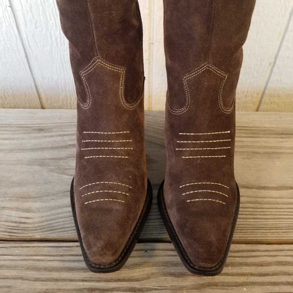 Via Spiga Womens Brown Suede Leather Stacked Heel Boots 7 M Brazil - Picture 4 of 13
